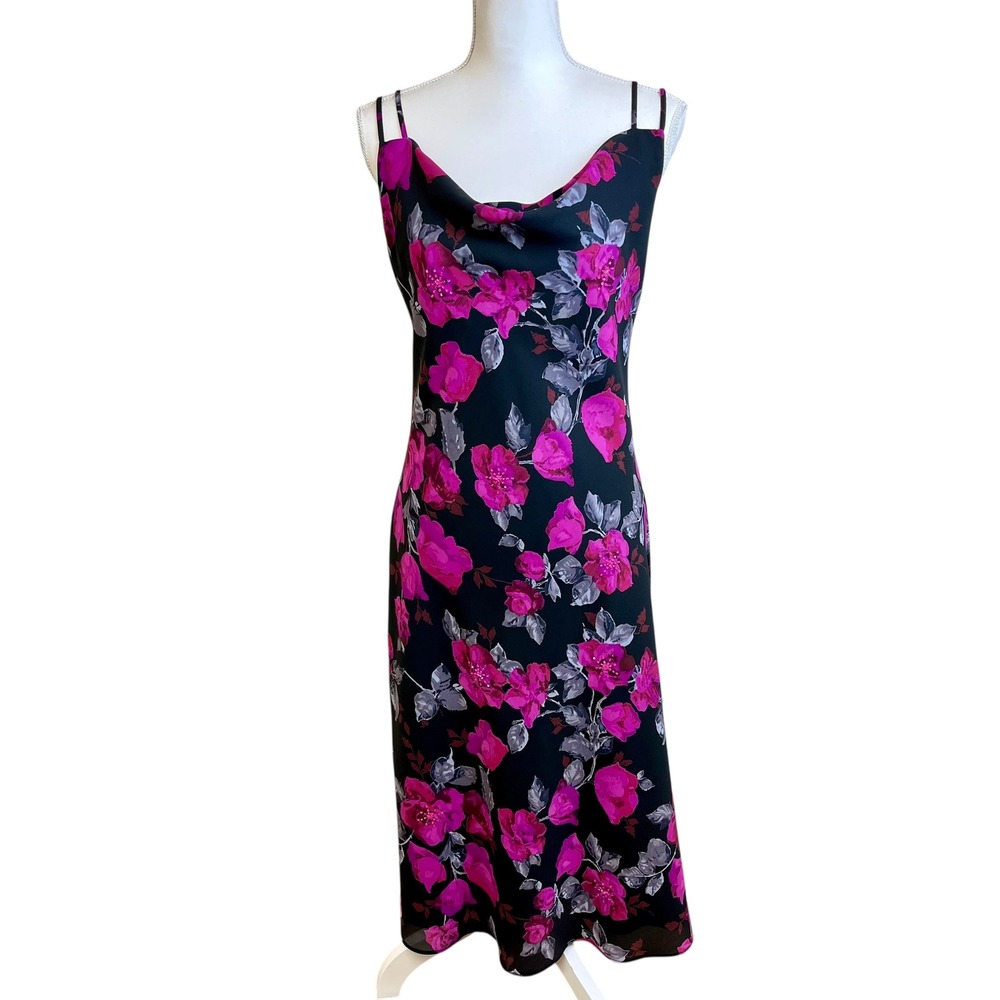 NEW YORK COMPANY Y2K 90s Black Floral Midi Slip Dress Cowl 6‎ Beaded Phoebe